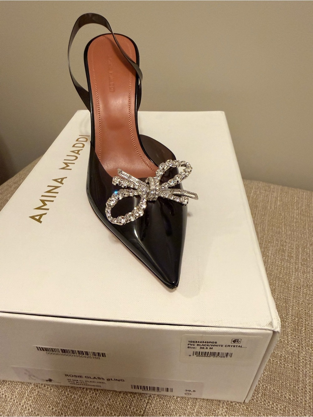 Amina Muaddi Black Patent Slingback Pump with Crystal Bow - Picture 5 of 6